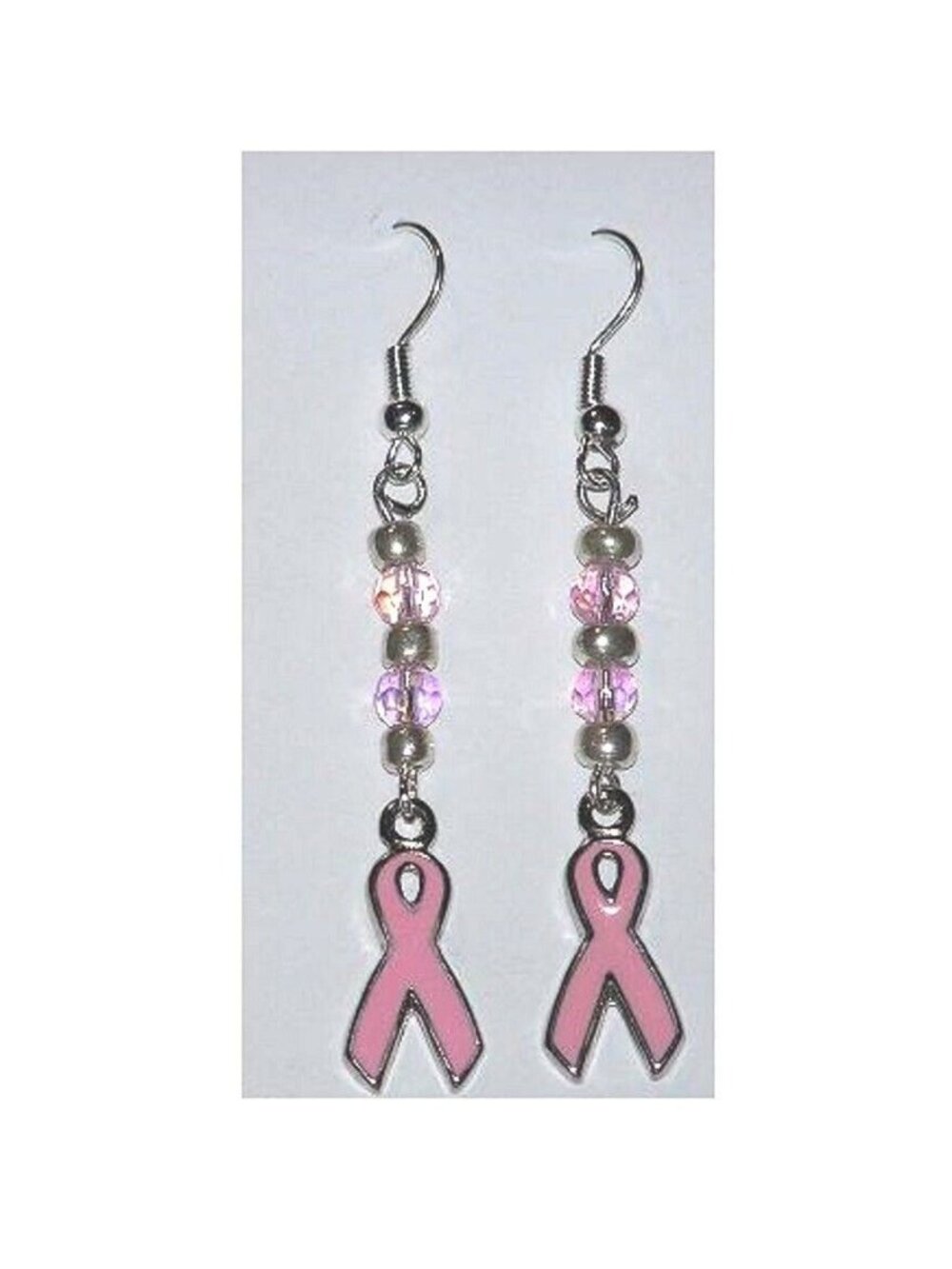 Earrings Pink Ribbon Charm Pink White Silver Beads Sterling Wire 1 1/2" Long